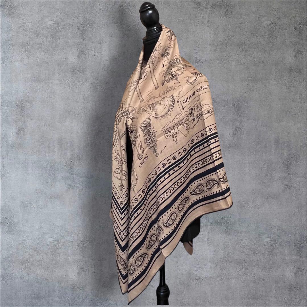 大判 ウール シルク ストール 羽織り ネイビー 紺 ブラウン キャメル 130