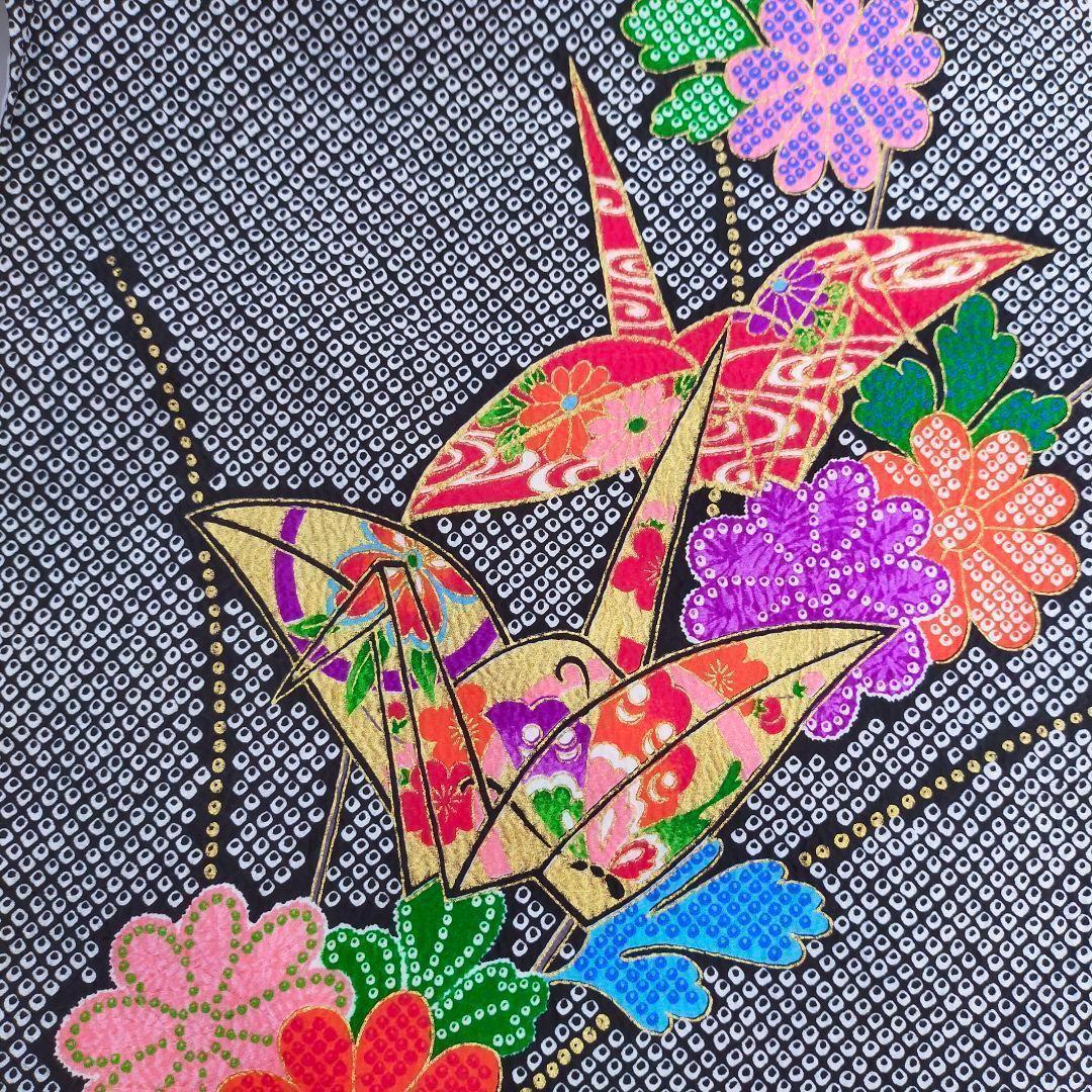 七五三 7歳 セット 081512 鹿の子柄 鶴 菊 丸帯　黒　白