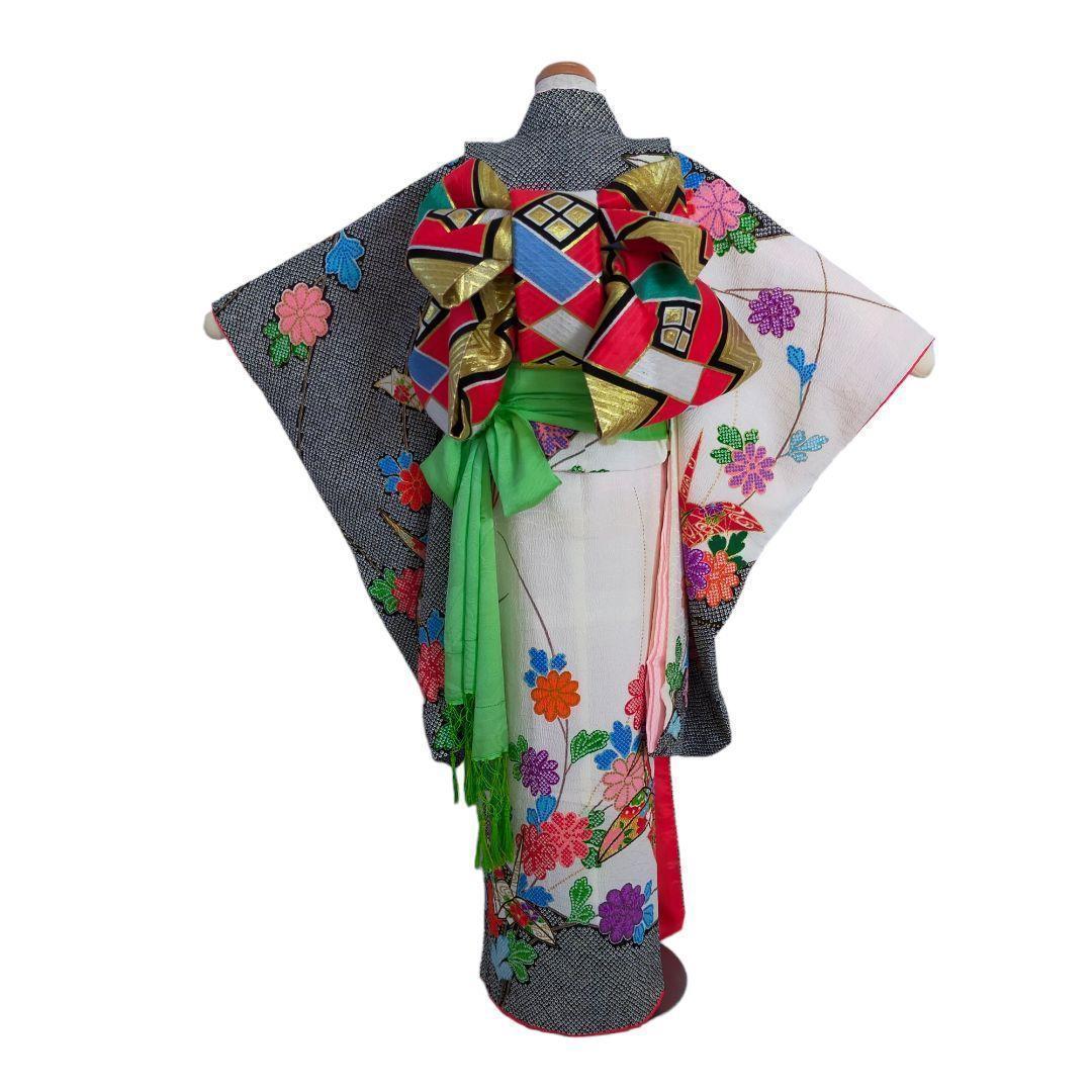 七五三 7歳 セット 081512 鹿の子柄 鶴 菊 丸帯　黒　白