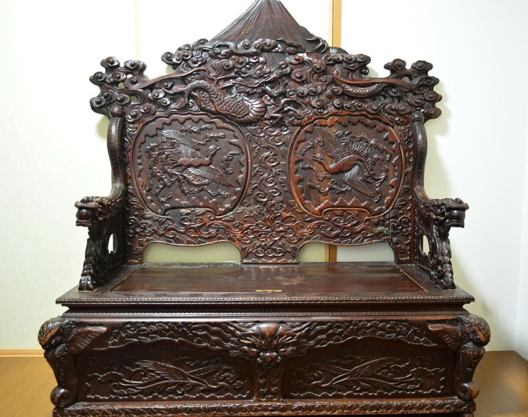 18-19世紀　希少　唐木　龍鳳凰彫刻　　長椅子　高級家具　アンティーク