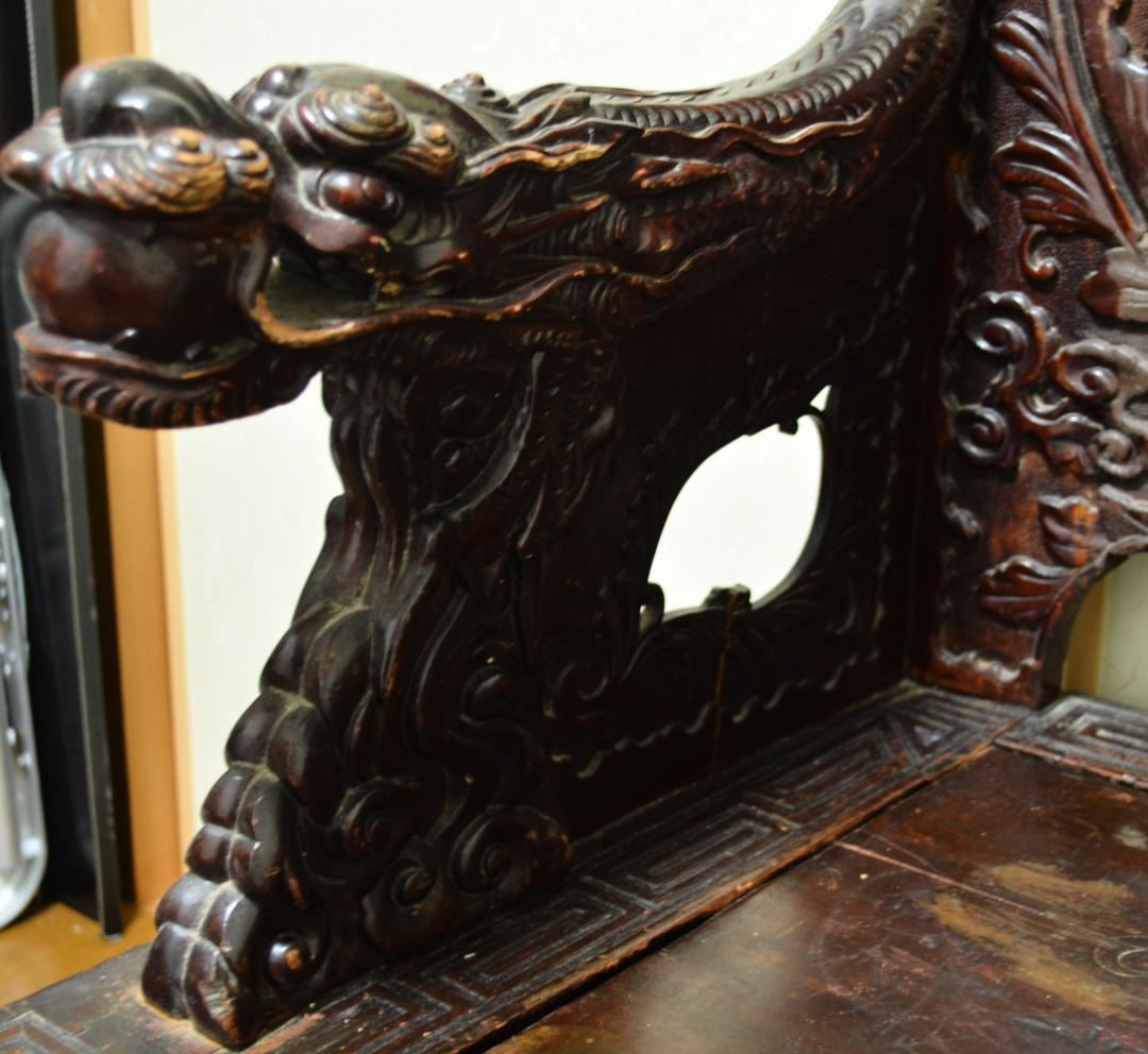 18-19世紀　希少　唐木　龍鳳凰彫刻　　長椅子　高級家具　アンティーク