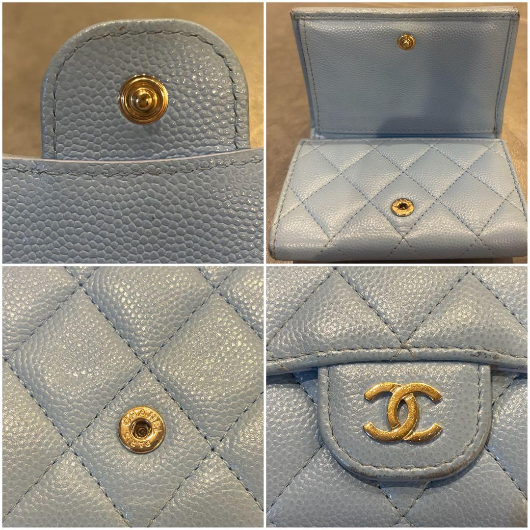 CHANEL 水色 三つ折り財布 キャビアスキン マトラッセ ブルー ウォレット