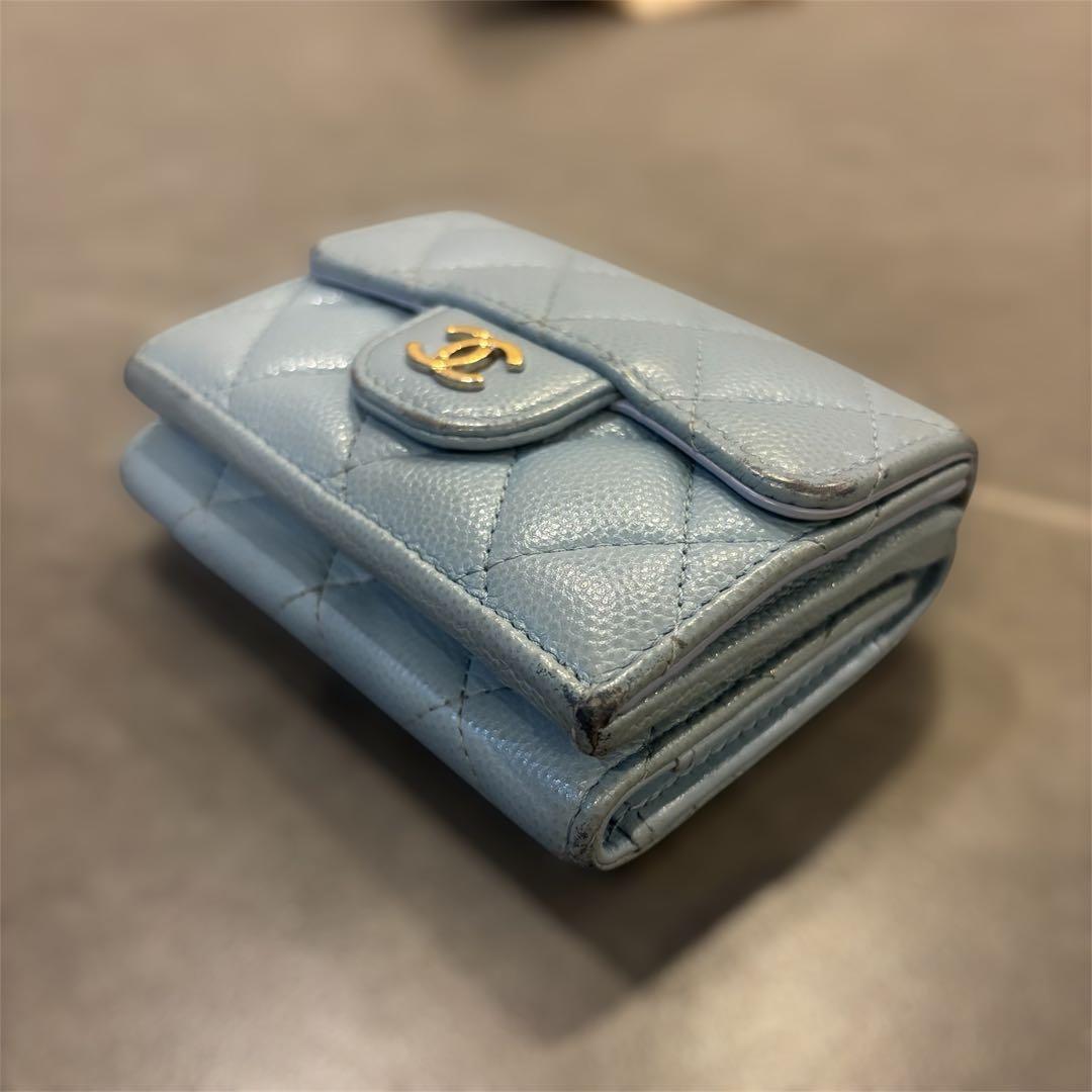 CHANEL 水色 三つ折り財布 キャビアスキン マトラッセ ブルー ウォレット