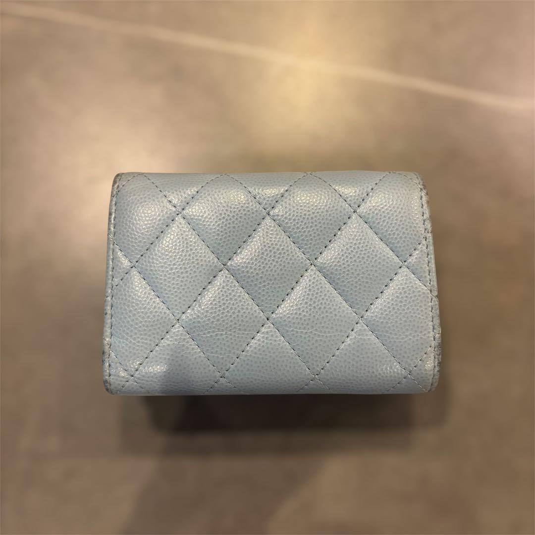 CHANEL 水色 三つ折り財布 キャビアスキン マトラッセ ブルー ウォレット