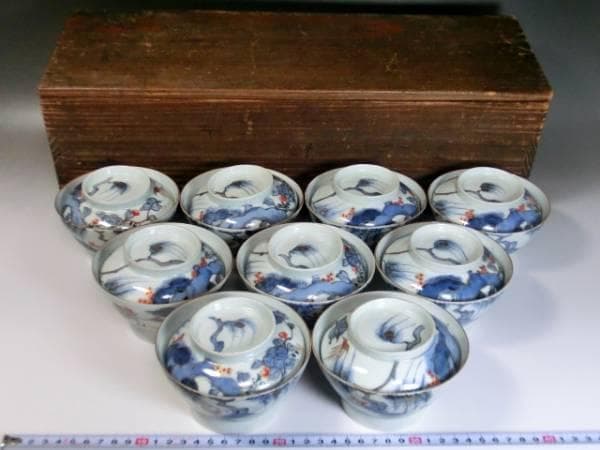 蓋茶碗■古い伊万里花唐草色絵染付 江戸後期 蓋鉢 蓋物 9客 時代物 骨董品■