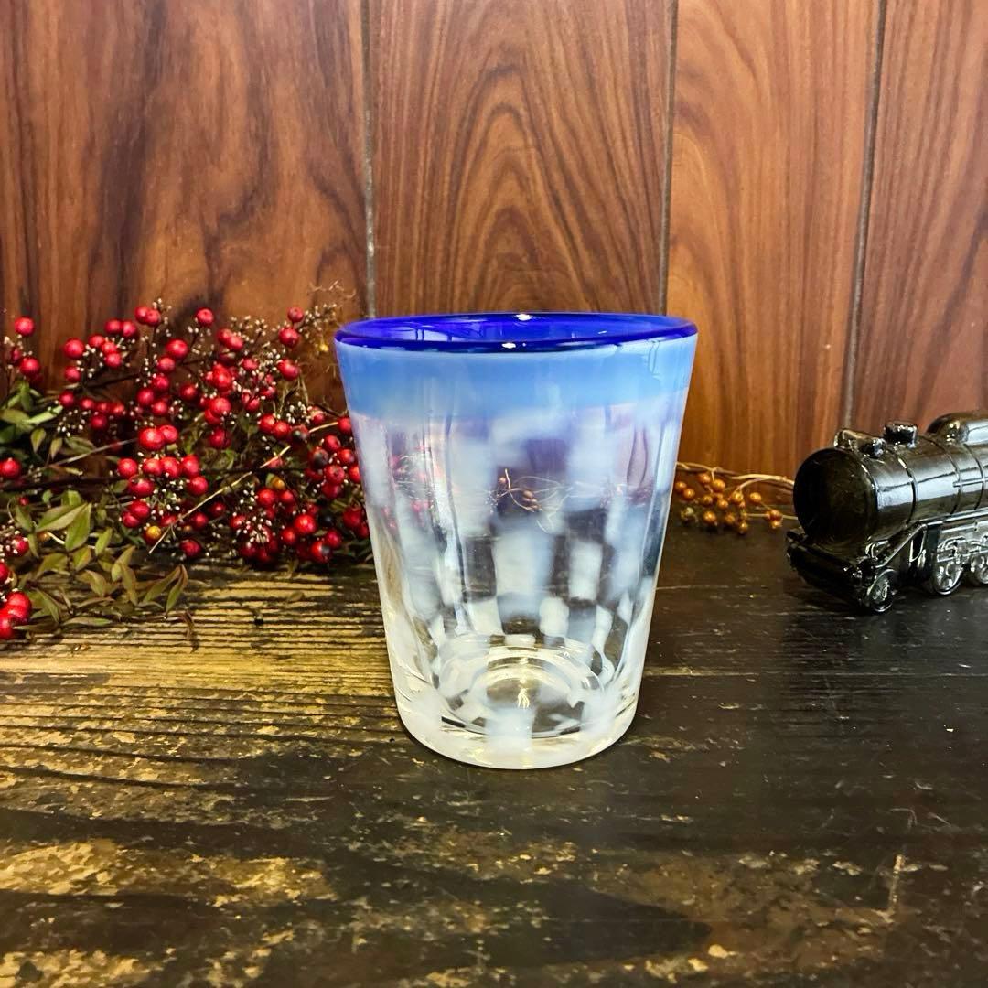 骨董　レトロ　希少　青フチ　乳白色　市松紋　ゴブレット　タンブラー パフェグラス