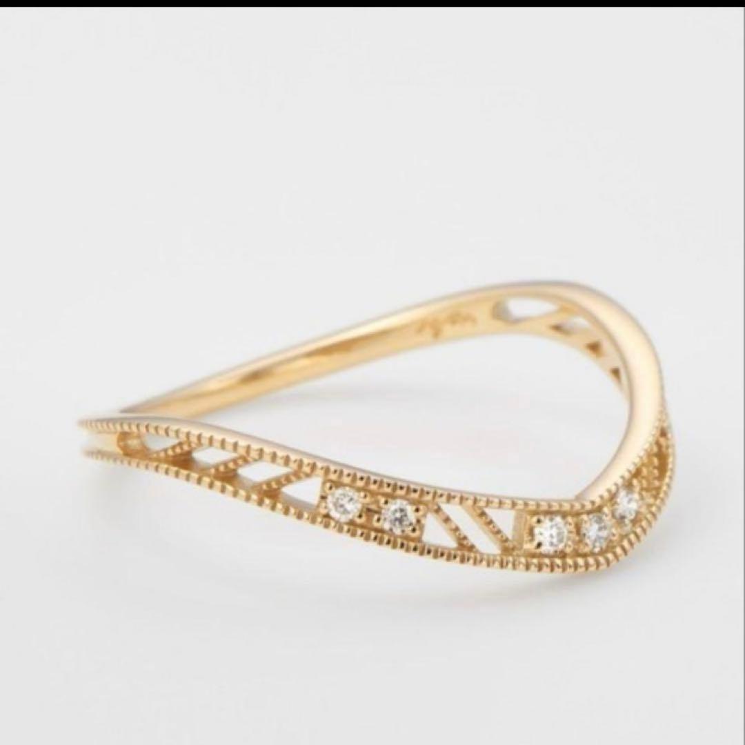 【mochi】agete K10透かし V字ダイヤモンドリング　15号