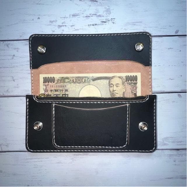 ロングトラッカーウォレット/姫路レザー茶芯黒色/ステッチ白色/フルハンドメイド