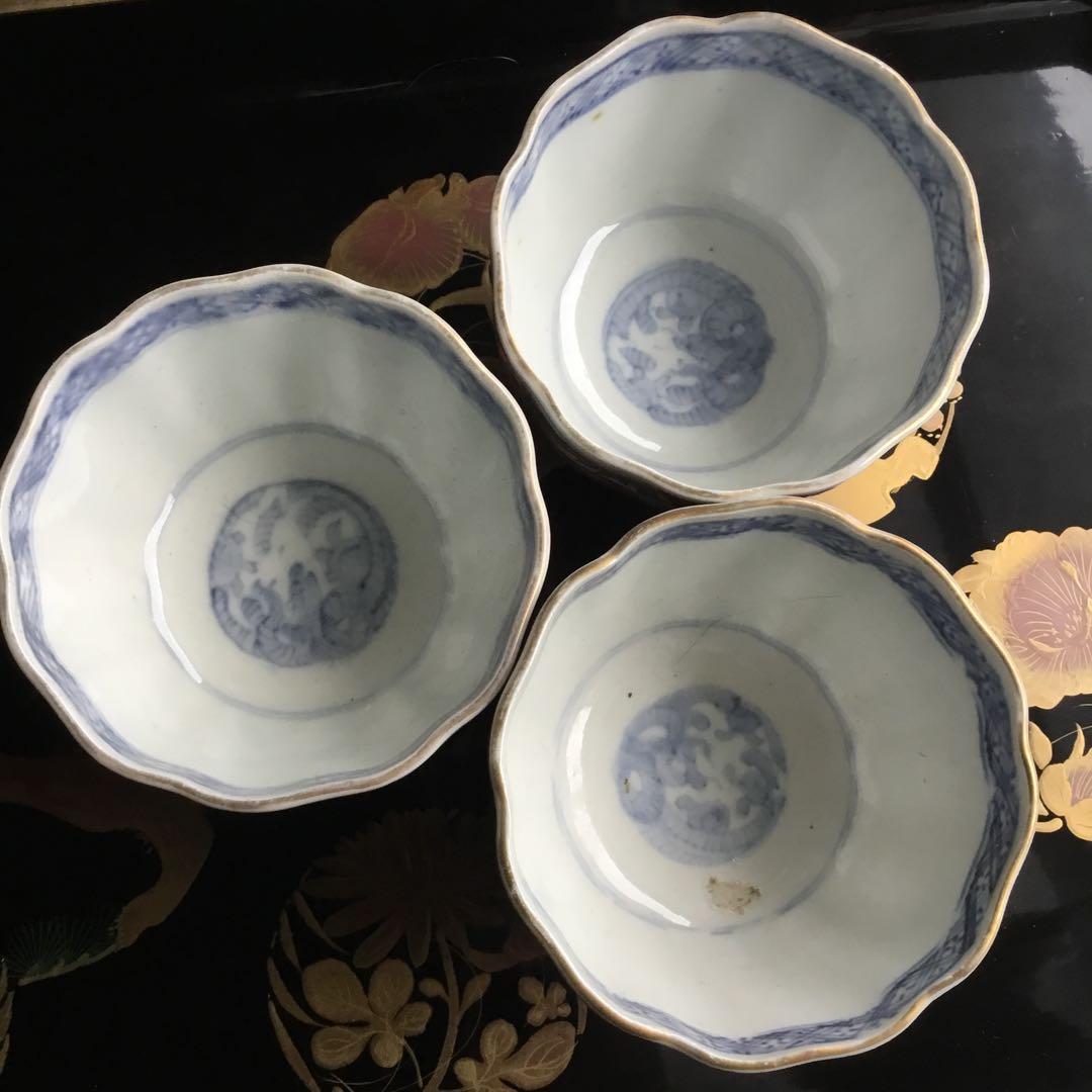 江戸後期　古伊万里　松竹梅に蝶紋様　お茶セット（小皿と蕎麦猪口）3セット