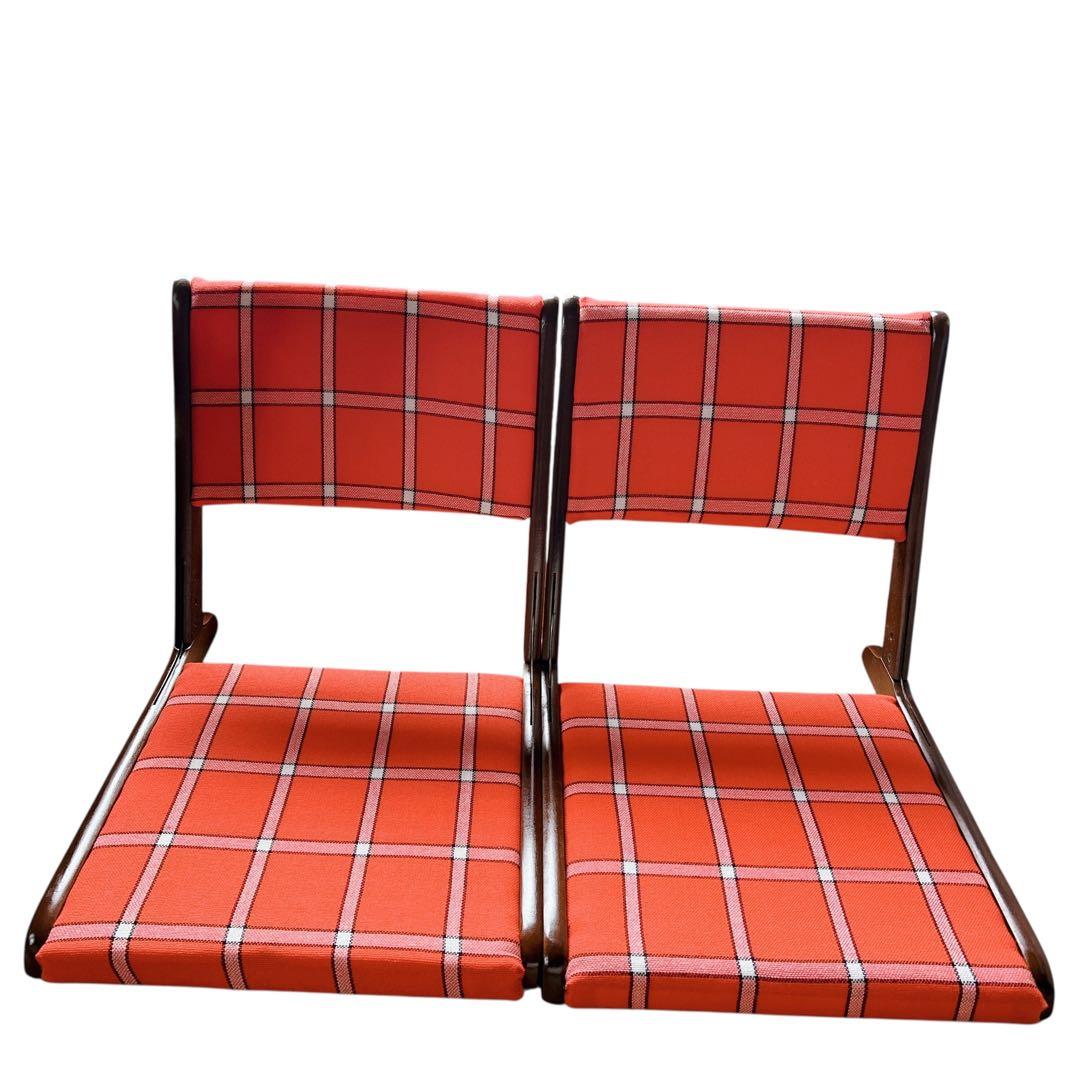 ①昭和レトロ 木製座椅子 2脚セット ヴィンテージ 和室 旅館 赤 チェック