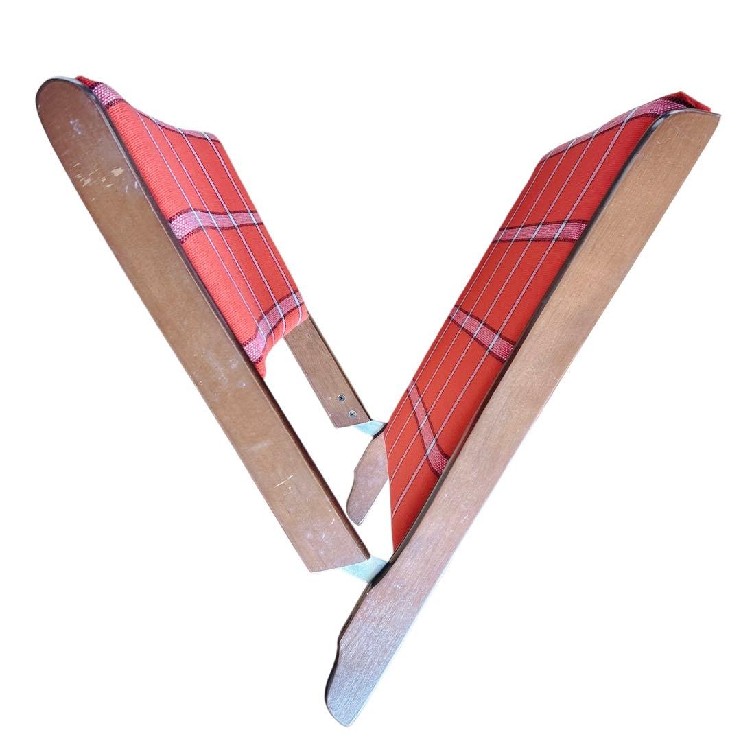 ①昭和レトロ 木製座椅子 2脚セット ヴィンテージ 和室 旅館 赤 チェック