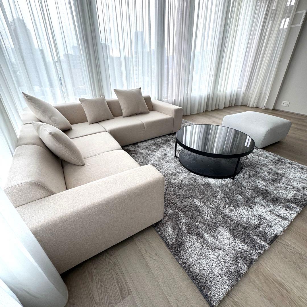 超美品コーナーソファセット ラグ ガラステーブル オットマン付き 5点フルセット