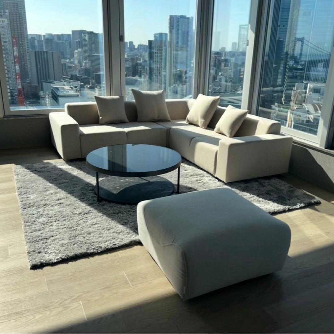 超美品コーナーソファセット ラグ ガラステーブル オットマン付き 5点フルセット