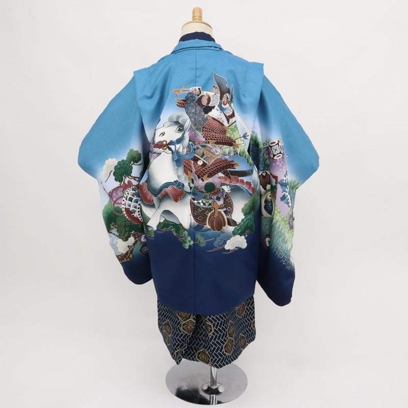 七五三　男の子　5歳　羽織袴フルセット　水色　馬に武将宝尽くし　8RA2