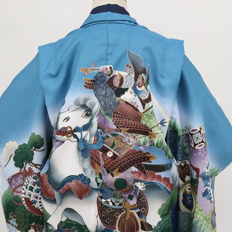 七五三　男の子　5歳　羽織袴フルセット　水色　馬に武将宝尽くし　8RA2