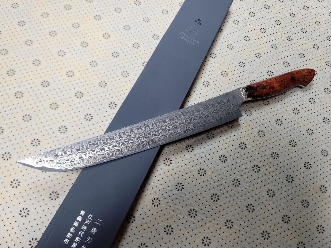 二唐刃物　暗紋 ダマスカス　sg2 筋引き　300ミリ