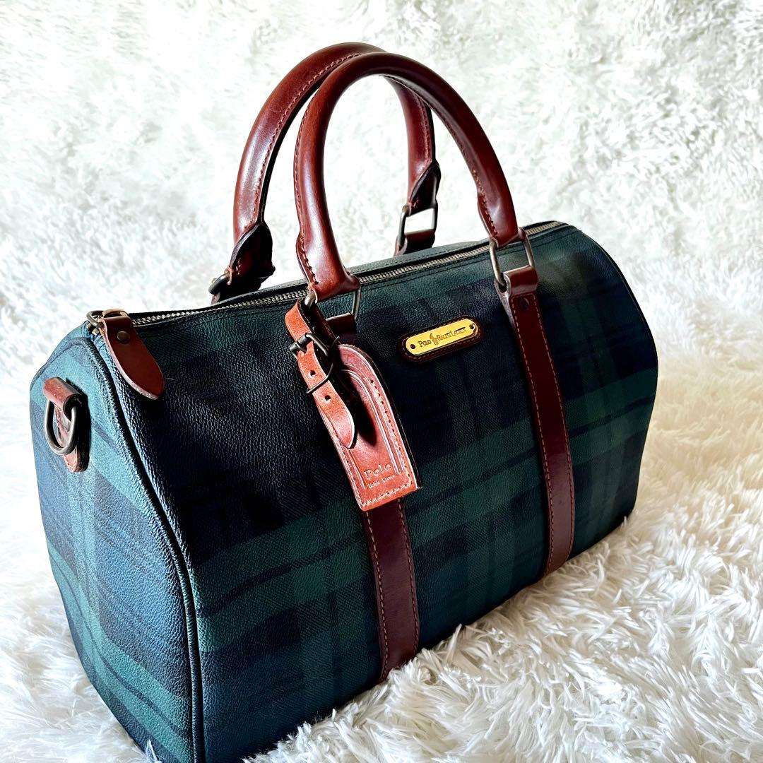 ✨美品✨ポロラルローレン ミニボストン バッグ　PVCレザー ブラックウォッチ