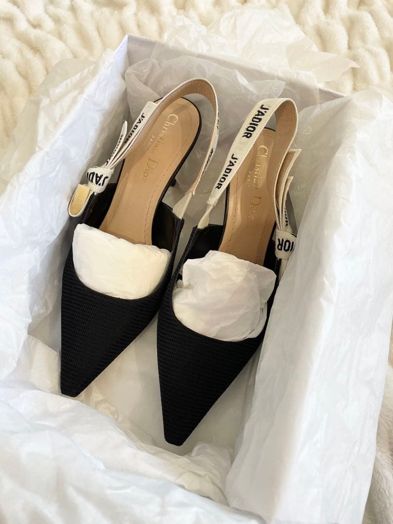 美品　ディオール　Dior　スリングバックパンプス　リボンファブリック　36d