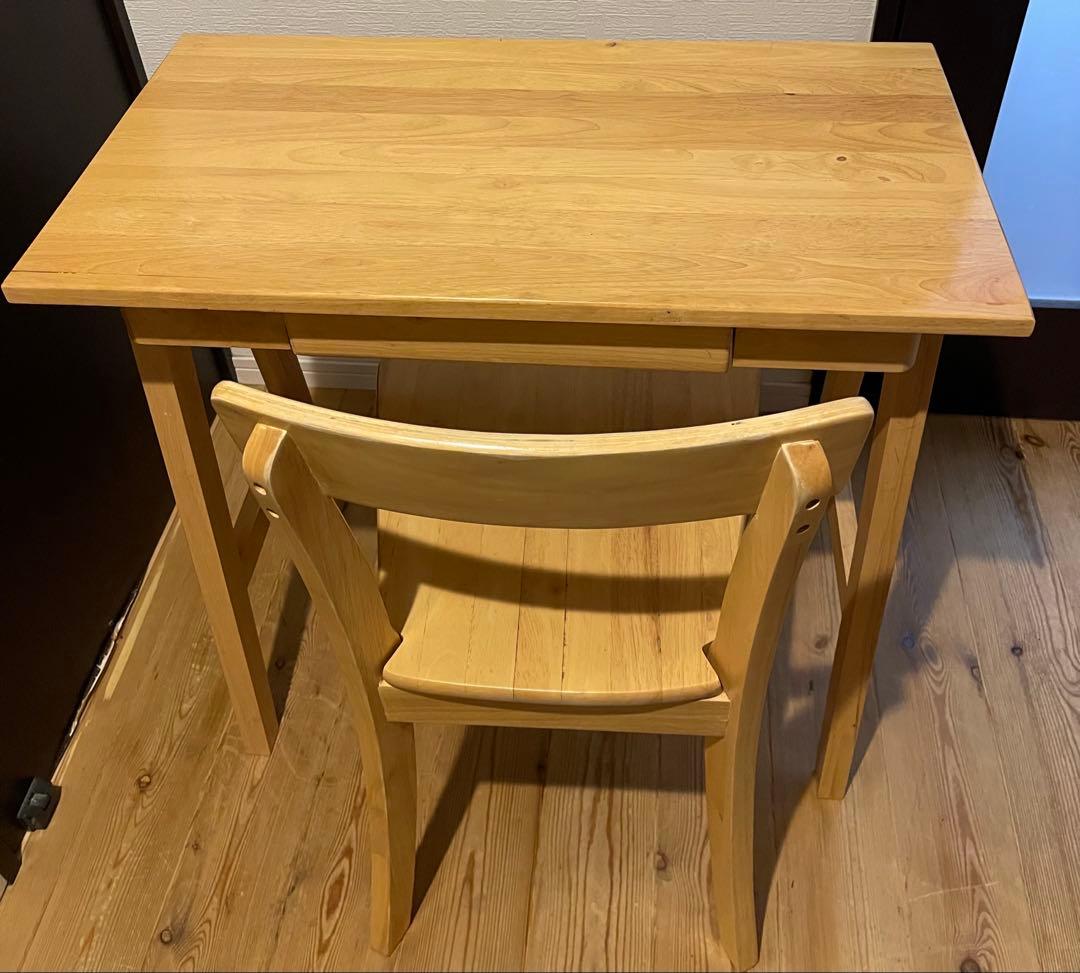 無垢材　タモ　学習机　ワークデスク　事務机　引き出し付　コンパクト　椅子付き
