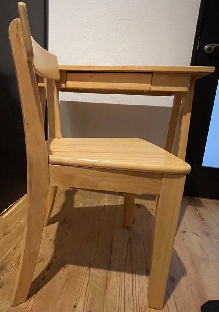 無垢材　タモ　学習机　ワークデスク　事務机　引き出し付　コンパクト　椅子付き