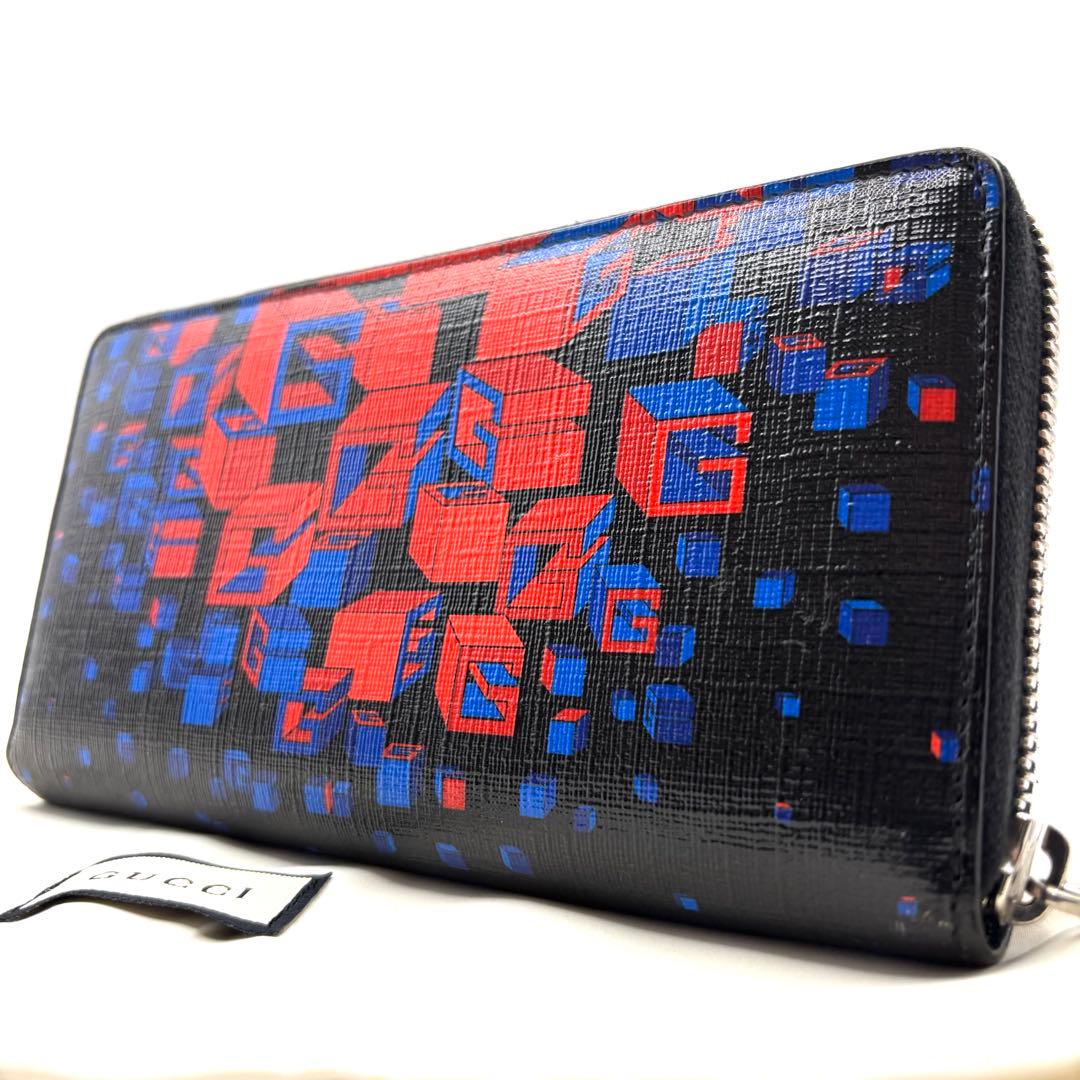 希少 グッチ 長財布 3Dアートプリント ラウンドファスナーレザー ブラック