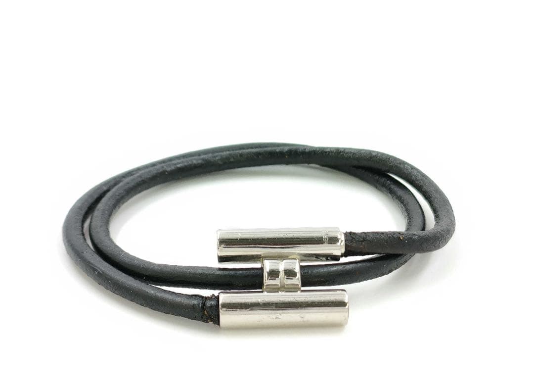 HERMES Hブレスレット黒レザー シルバーバングル
