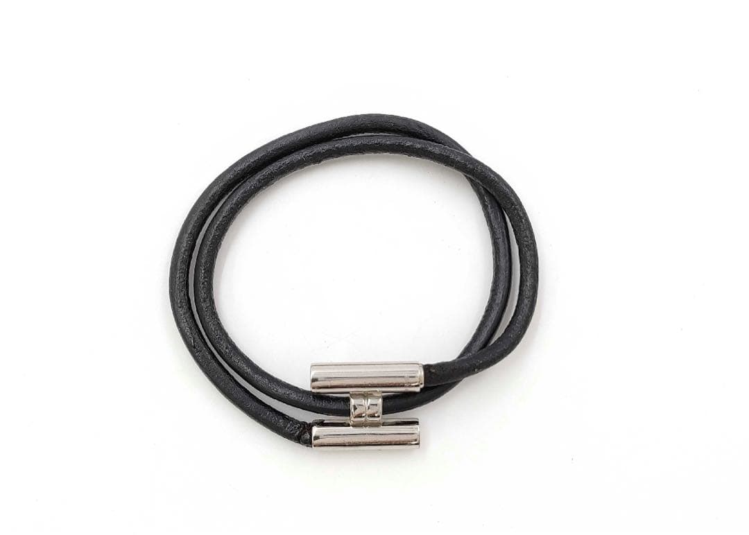HERMES Hブレスレット黒レザー シルバーバングル