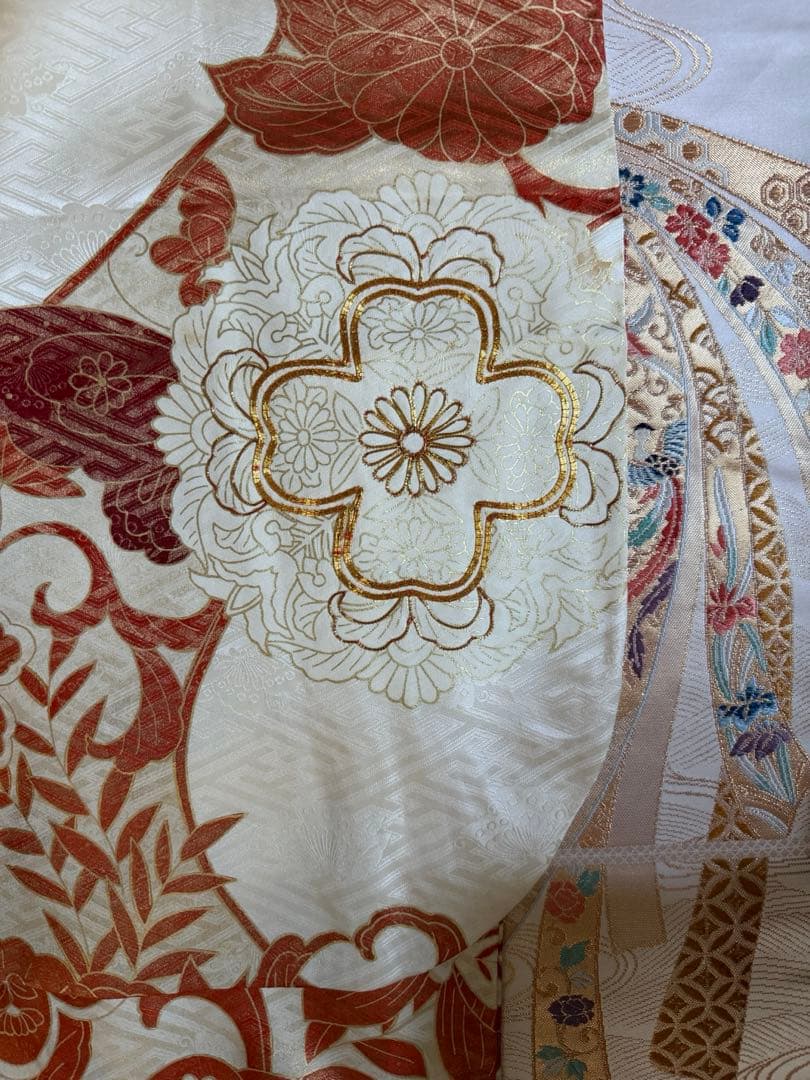 振袖フルセット アイボリーホワイト×オレンジ×ゴールド 金駒刺繍