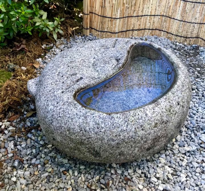 【天然御影石製猫の顔型水鉢・向鉢・蹲・オブジェ】造園水石飾り石バードバス