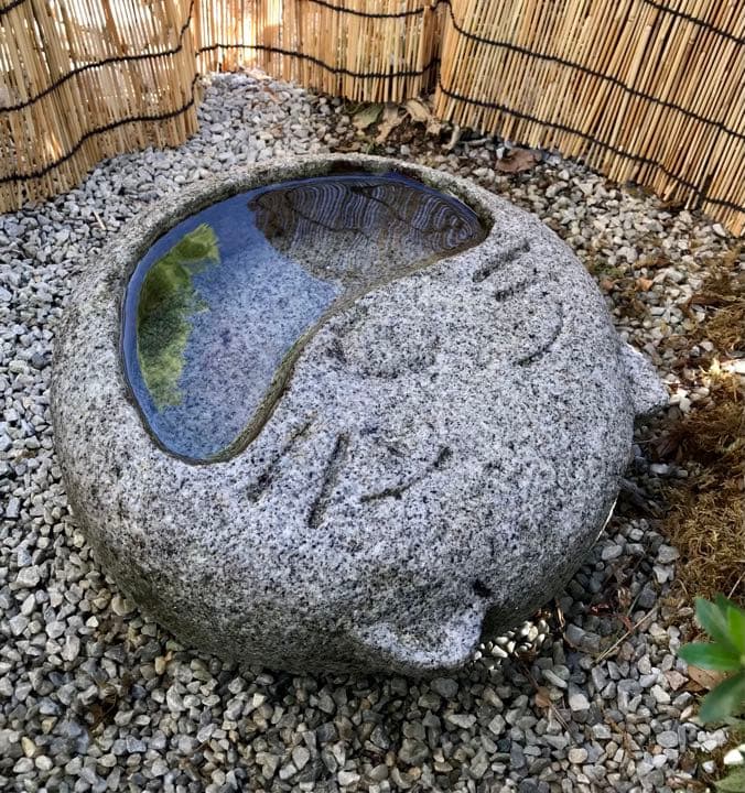 【天然御影石製猫の顔型水鉢・向鉢・蹲・オブジェ】造園水石飾り石バードバス