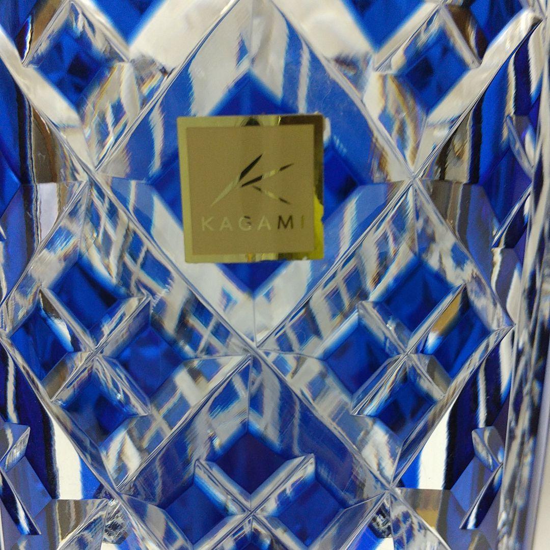カガミクリスタル 青被せ江戸切子 花瓶 矢来重紋