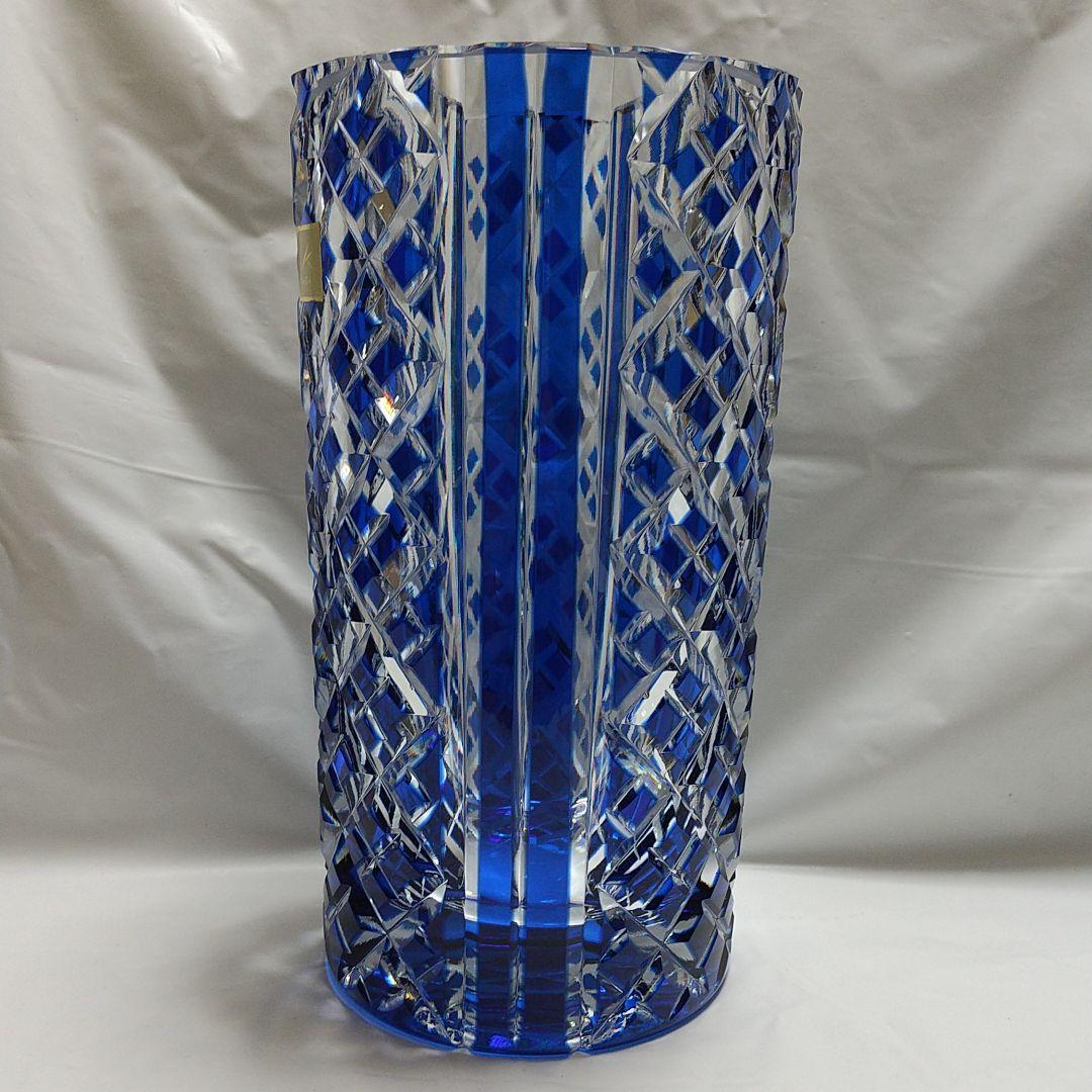 カガミクリスタル 青被せ江戸切子 花瓶 矢来重紋