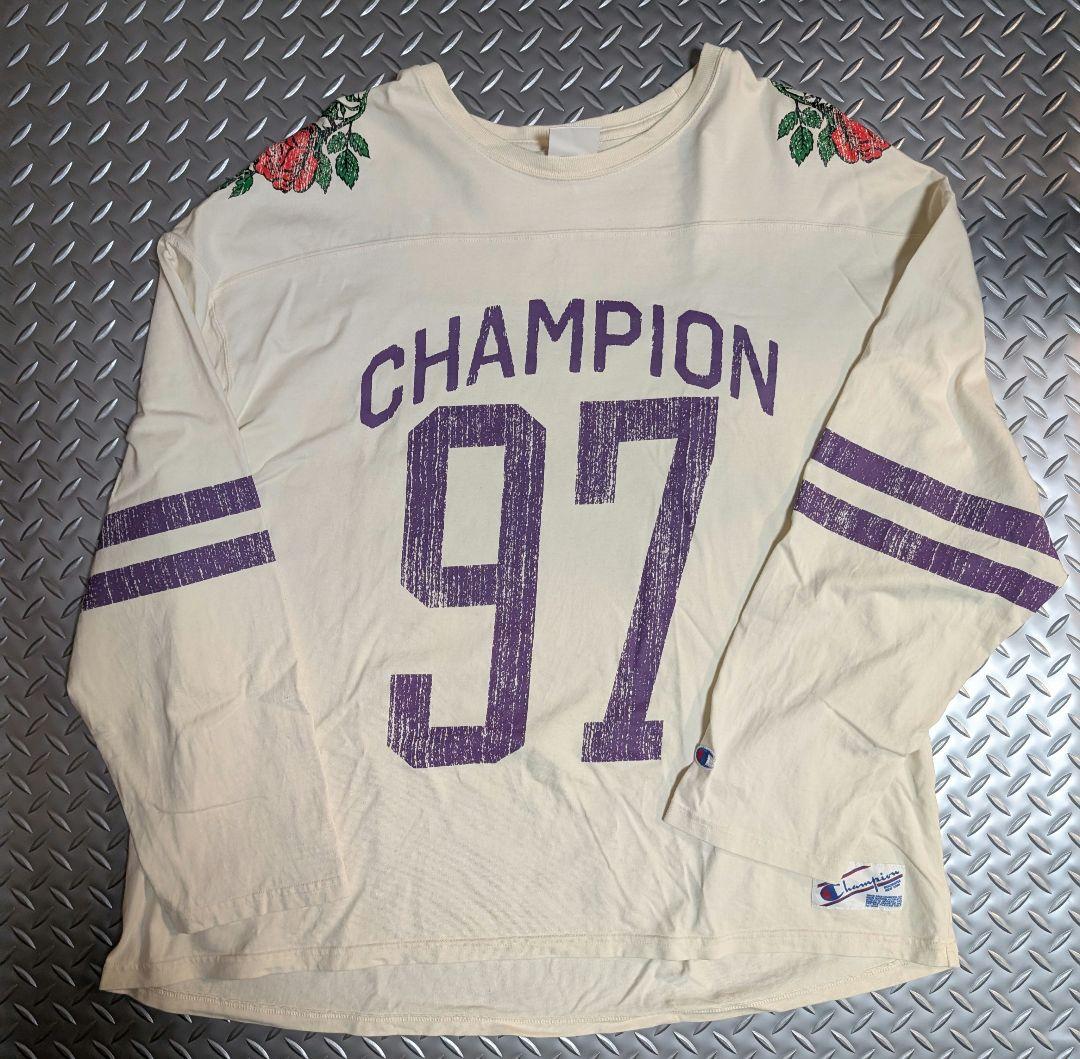 日本未発売Champion 97 XLクリームアメフト薔薇 ロンT紫筋トレGYM