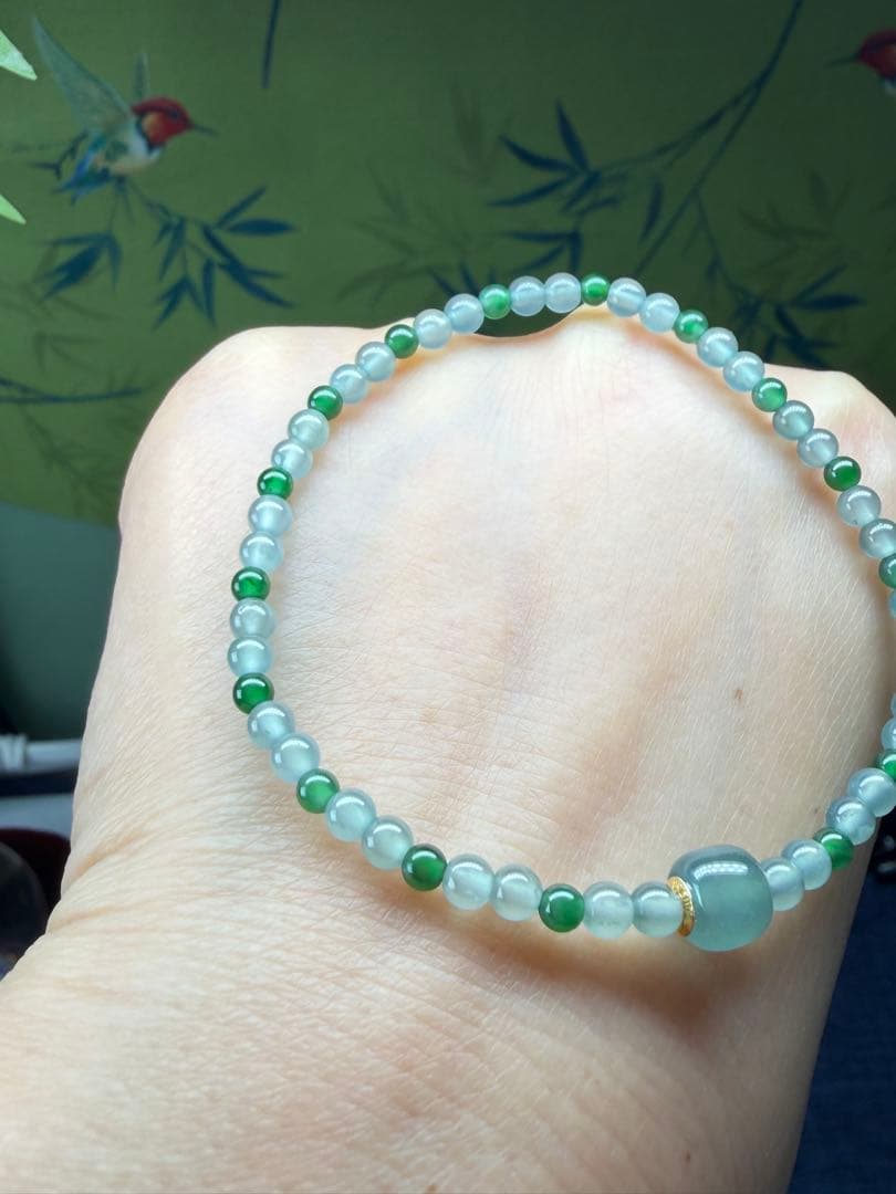 美品❣️天然本翡翠　高氷種、18k【転運】路路通双色小粒ブレスレット　鑑定書付き