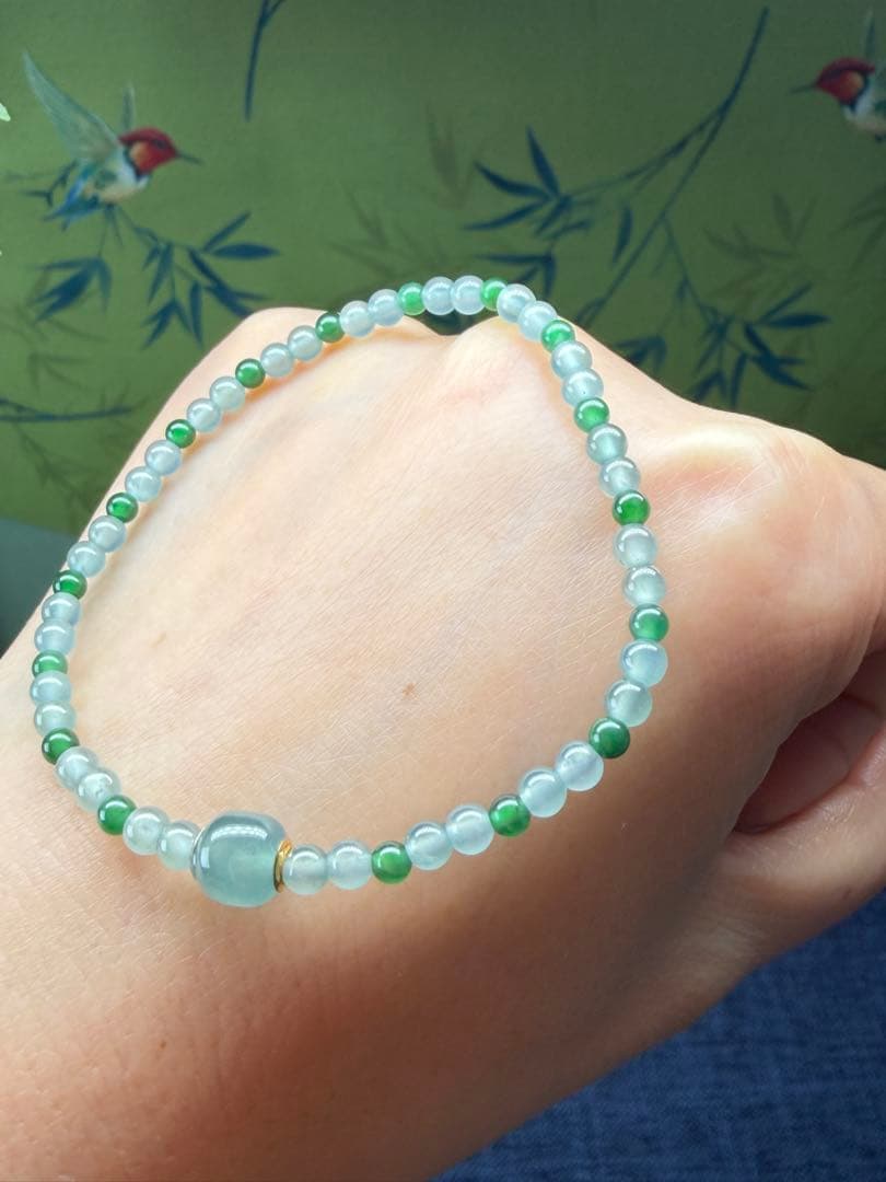 美品❣️天然本翡翠　高氷種、18k【転運】路路通双色小粒ブレスレット　鑑定書付き