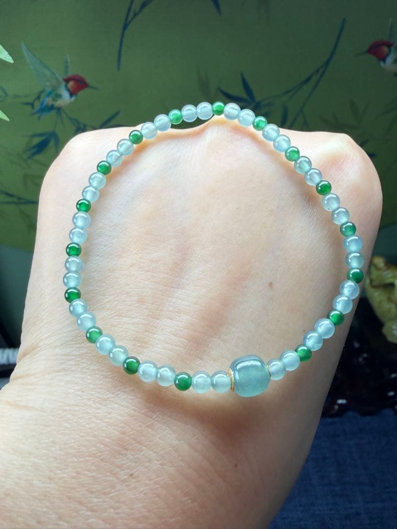 美品❣️天然本翡翠　高氷種、18k【転運】路路通双色小粒ブレスレット　鑑定書付き
