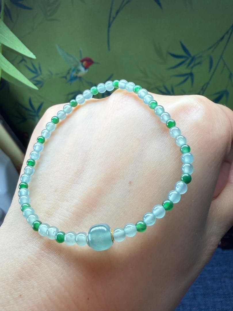 美品❣️天然本翡翠　高氷種、18k【転運】路路通双色小粒ブレスレット　鑑定書付き