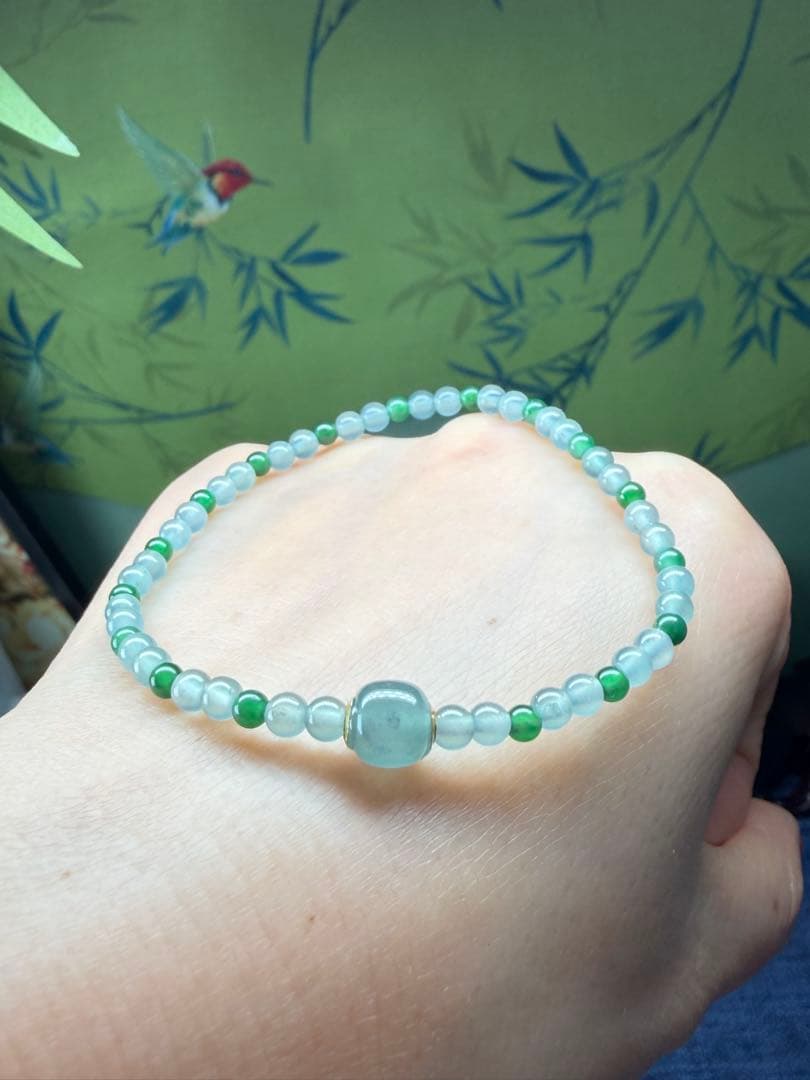 美品❣️天然本翡翠　高氷種、18k【転運】路路通双色小粒ブレスレット　鑑定書付き