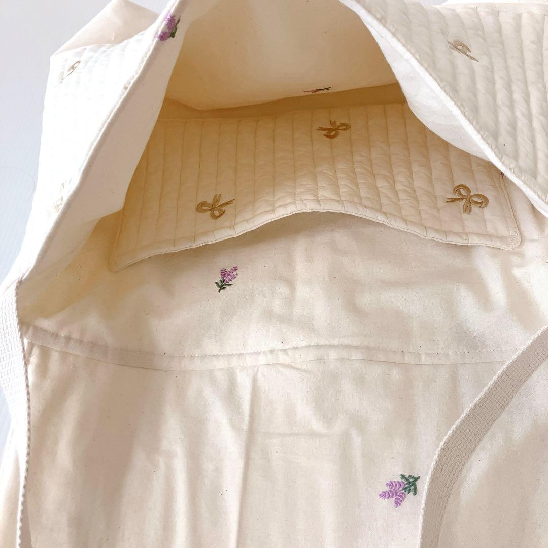 図書バッグ✖️4 ヌビ　くま刺繍　オリーブ刺繍　リボン刺繍　ラベンダー刺繍