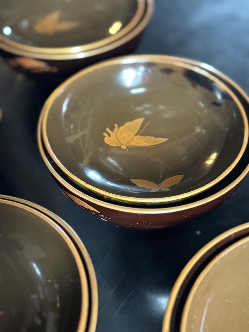 アンティーク品　漆器椀　時代物　 京塗り7客セット 金色の菊花7種類の模様