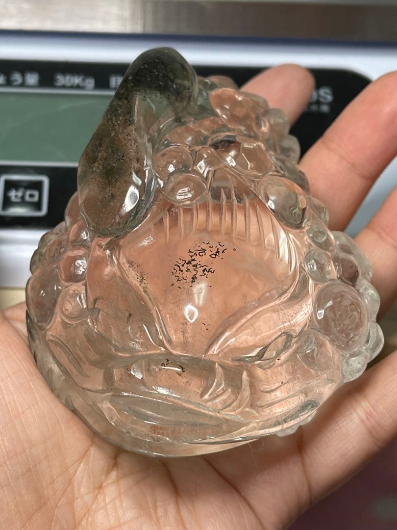 高透明❣️天然石 緑幽霊　グリーンファントム水晶 ゼニガエル 金蟾 手彫り置物