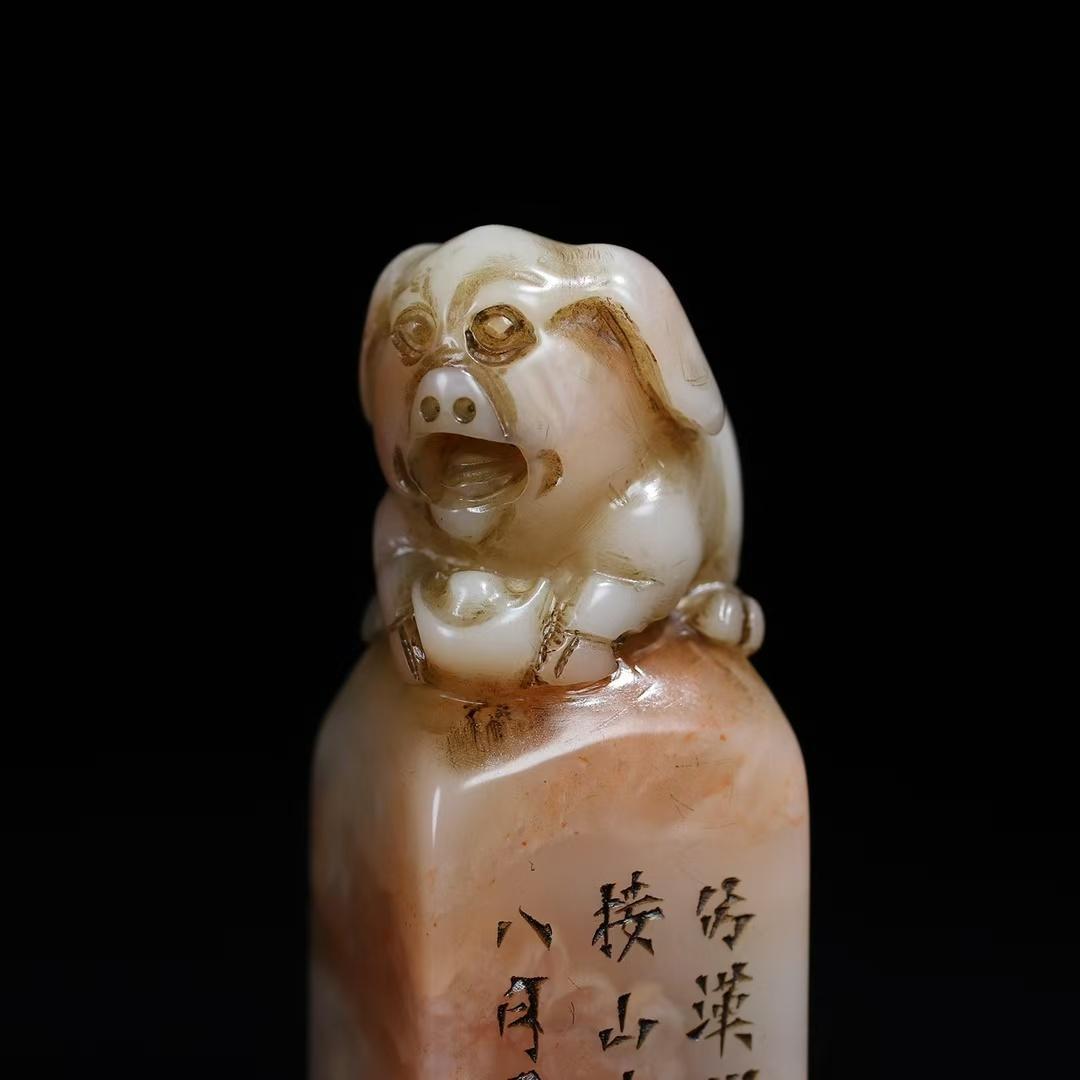 中国古美術 旧蔵 寿山芙蓉凍石〈祝福〉福猪鈕 印章 篆刻 印材 印鑑 文房置物