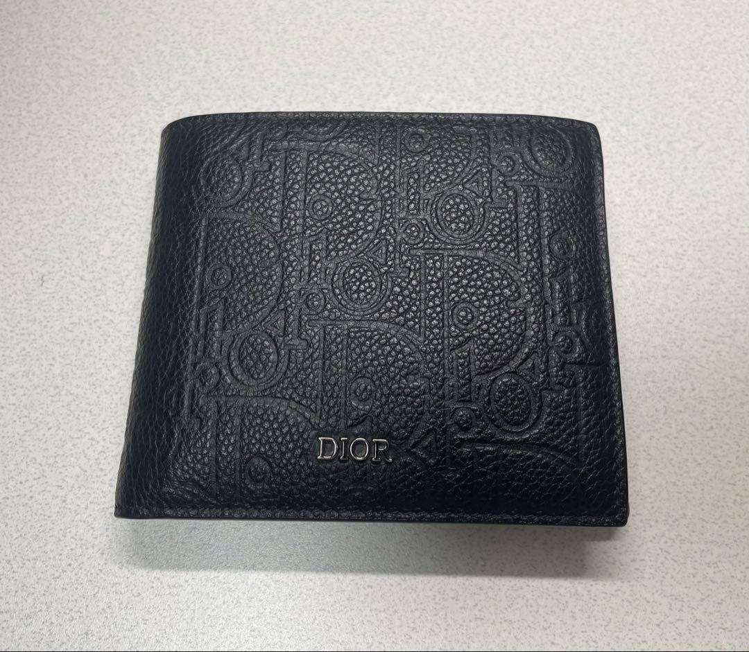 も*ん様 DIOR ディオール ロゴ型押し 二つ折り財布 ブラック【美品】
