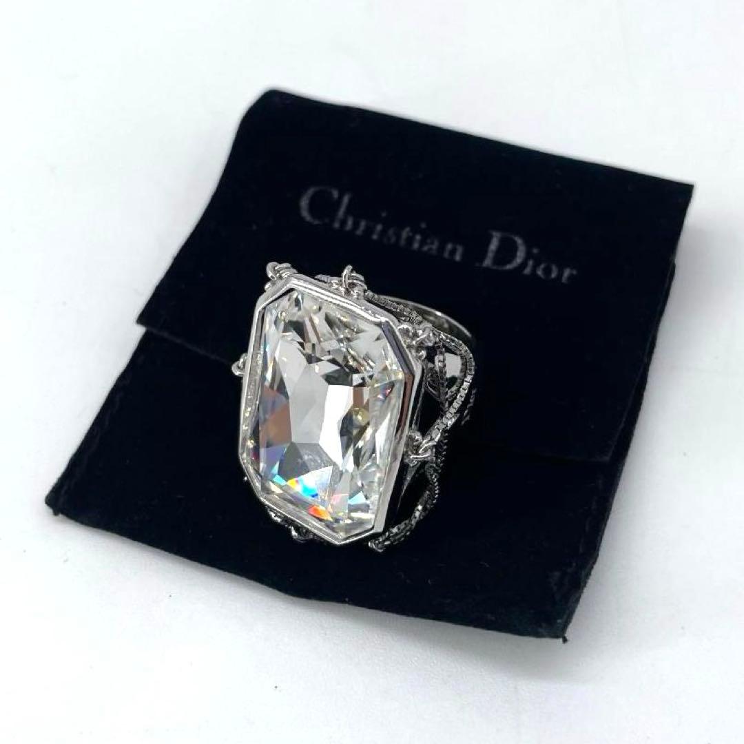 16624✨クリスチャンディオール クリスタル 大粒 チェーン リング シルバー