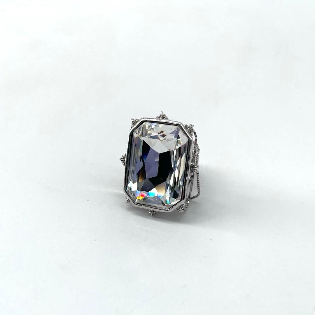 16624✨クリスチャンディオール クリスタル 大粒 チェーン リング シルバー