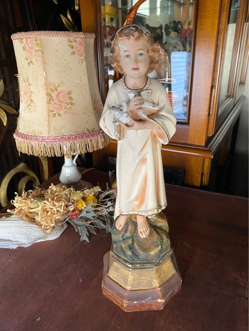 希少 白鳩を抱く幼子イエス少年 キリスト像 置物 インテリア アンティーク