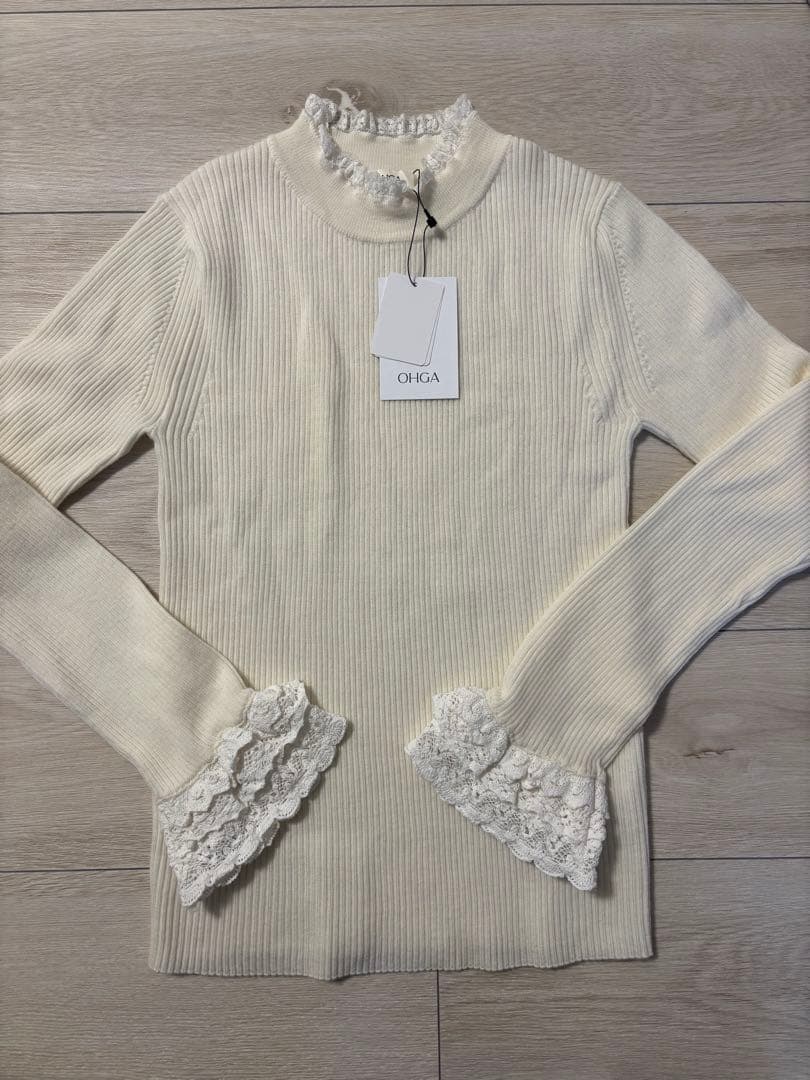 新品　ohga 袖フリルニット　レース付きニット