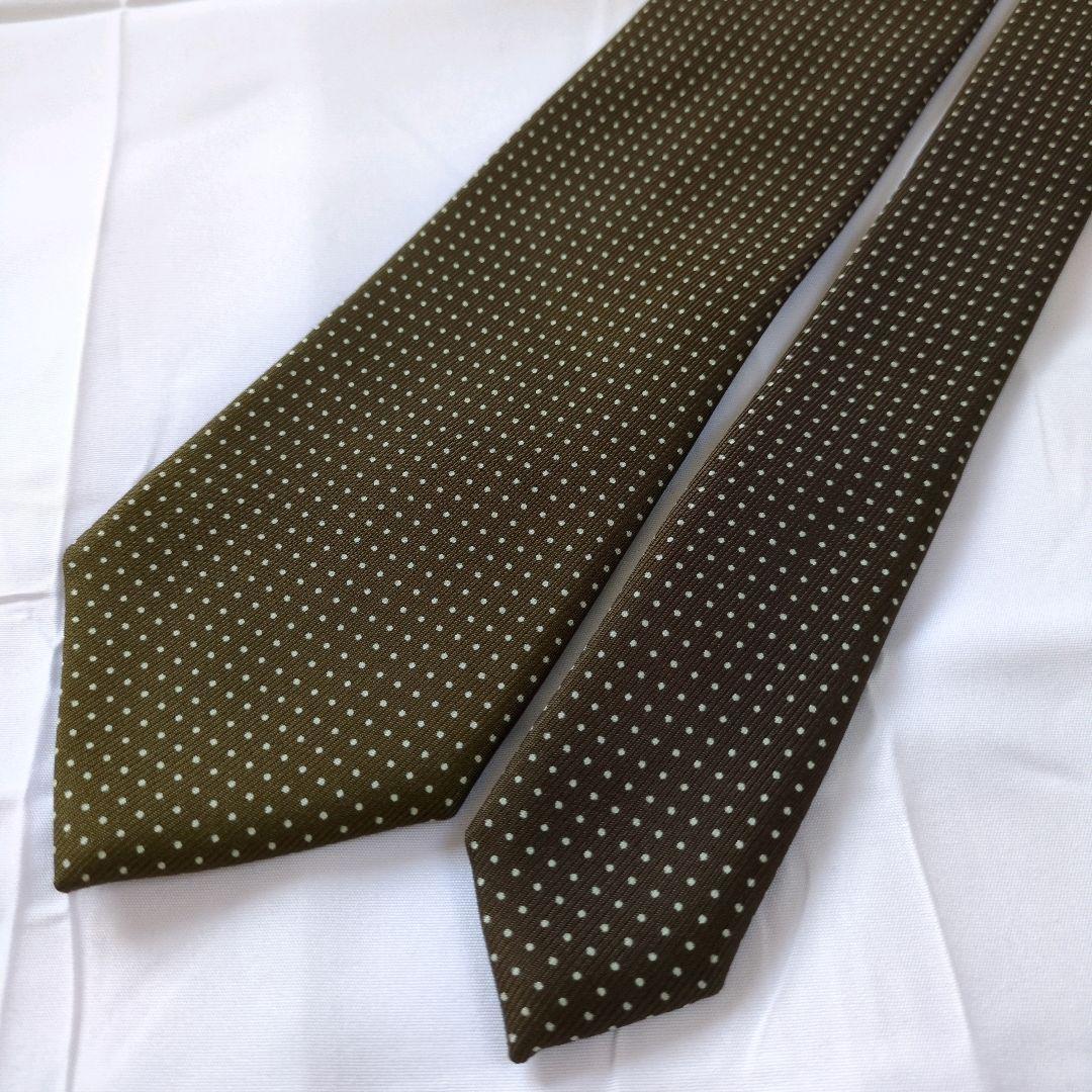 【美品】ドレイクス ネクタイ ダークカーキ ドット 50オンス【イギリス製】