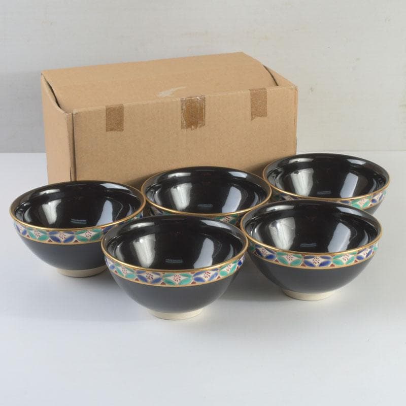 茶道具　京焼　平安　紫雲造　色絵　黒仁清七宝文　数茶碗　五客　V　9486