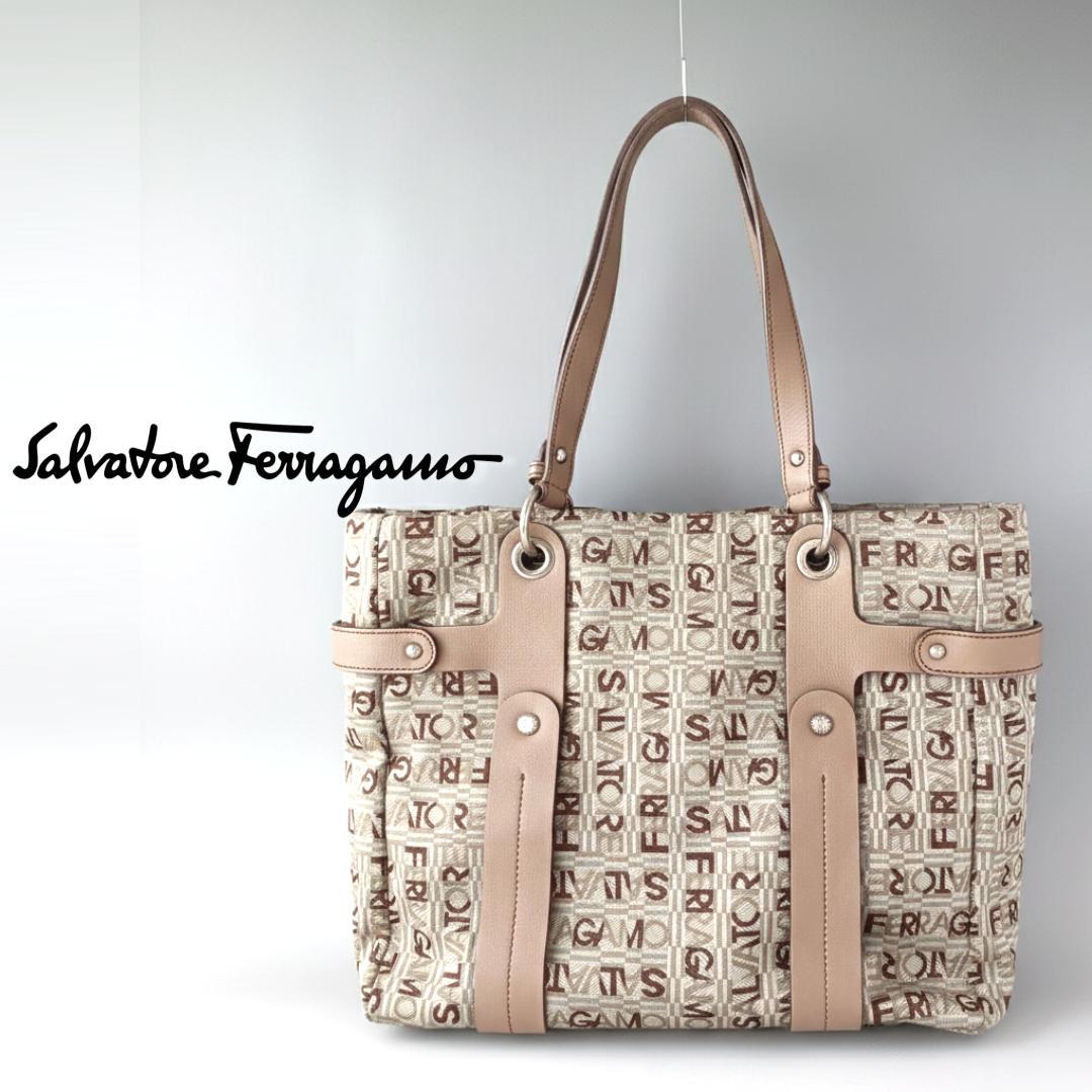 【美品】フェラガモ ロゴ キャンバス トートバッグ プリント